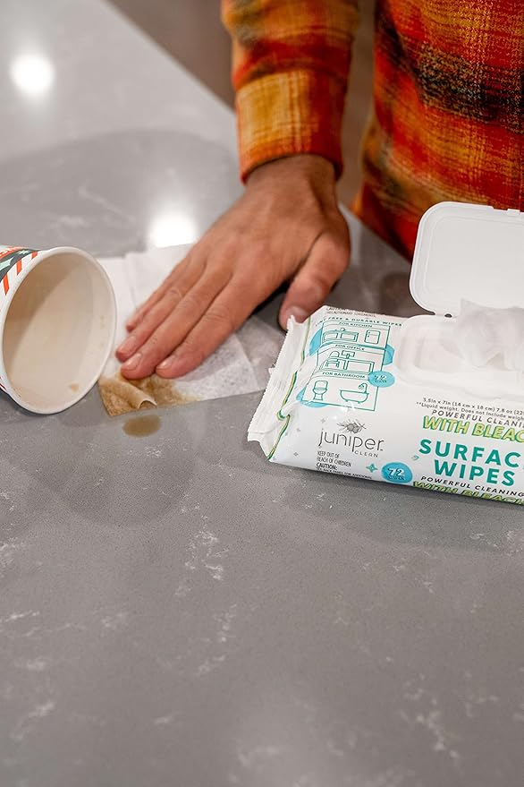 Juniper CLEAN 1 Pack Surface Wipes with Bleach, All-Purpose Cleaner for Bathroom, Kitchen, Office, 72 Count Soft Flow, Fresh Scent, Lint Free & Durable