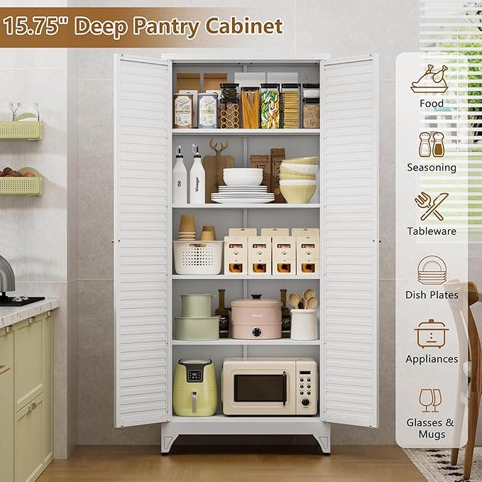 75" Kitchen Pantry Cabinet, White Metal Storage Cabinet with Doors and 4 Adjustable Shelves, Tall Metal Pantry Cabinets, Large Cupboard for Kitchen, Dining Living Room, Bathroom, Office