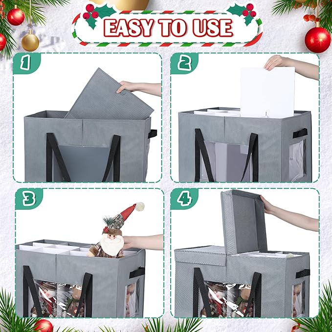 Christmas Figurine Storage Box, 24”x18”x15” Ornament Storage Box, 2025 UpgradeNutcracker Storage Box, Figurine Storage with Dividers, Adjustable Extent Area for Figurines and Pocket, Grey