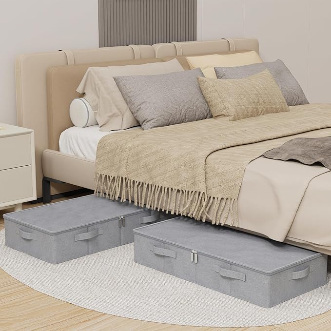 ENUMAIL Underbed Storage Bin, Foldable Under Bed Flat Baskets Organizer, Container boxes with Lid for Organizing Clothes, Sheets, Blankets, Comforter, 31.4x15.7x5.9in, Grey, 2 Pack