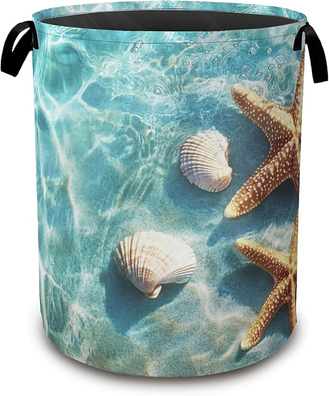 Starfish Shells Laundry Basket,Sea Beach Collapsible Laundry Baskets with Handles,Waterproof Oxford Cloth Storage Basket 16"x20" for Bathroom/Bedroom/Dormitories