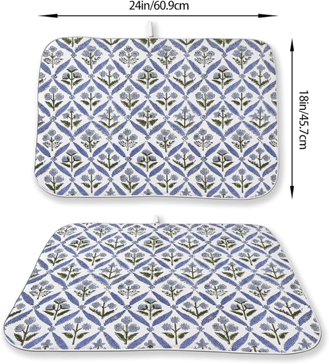 Vintage Blue Sage Green Floral Dish Drying Mat 18 x 24 Inch Block Print Floral Drying Mat for Kitchen Counter Absorbent Flowers Dishes Dry Pad for Drainer Rack Kitchen Fast Dry