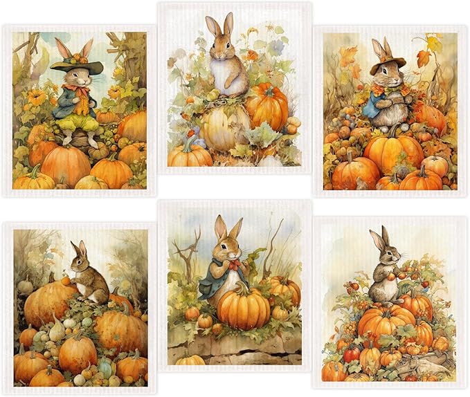 Morigins Fall Pumpkin Swedish Dishcloths for Kitchen 6 Pack Bunny Autumn Cellulose Sponge Cloths Non Scratch Reusable Paper Towels No Odor, Biodegradable and Reusable Kitchen Dish Rags