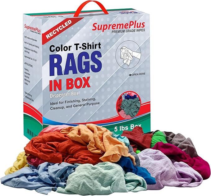 Recycled Color Knit Cleaning Rags (5 lbs. Compressed Box) – Shop Cloths Bulk for Workshops, Mechanics, Painters, and Home Use, Multipurpose Cotton T-Shirt Rags