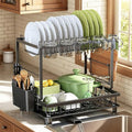 Nfnoyp Dish Drying Rack, 2 Tier Space-Saving Dish Rack, Multifunctional Dish Drainer for Kitchen Counter with Drainboard/Utensil/Cup Holder Rustproof Carbon Steel, Black