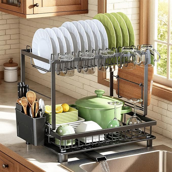 Nfnoyp Dish Drying Rack, 2 Tier Space-Saving Dish Rack, Multifunctional Dish Drainer for Kitchen Counter with Drainboard/Utensil/Cup Holder Rustproof Carbon Steel, Black