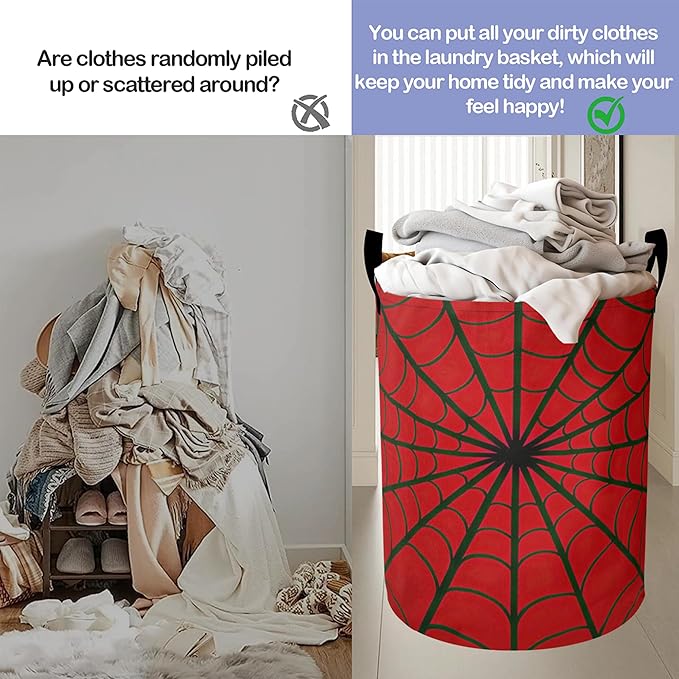 Red Spider Web Laundry Basket-Large Foldable Hamper Holder Portable Tall Collapsible Laundry Hamper Storage Basket Bin with Handles, Canvas & Waterproof lining for Household Items
