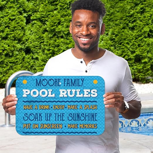 Custom Pool Sign, Pool Rules Make A Splash for Pool Décor Sign, 12x18 Inches, Rust Free .063 Aluminum, Fade Resistant, Made in USA by Sigo Signs