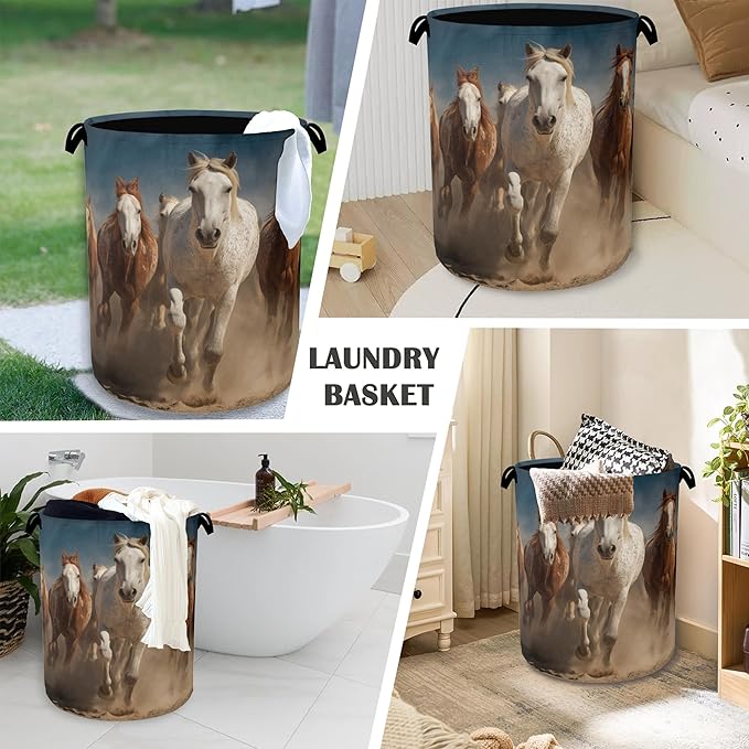 Running Horse Laundry Hamper,Dirty Clothes Laundry Basket with Handles Waterproof Oxford Cloth Storage Basket for College Dorms Bathroom Bedroom 16" x 20.8"