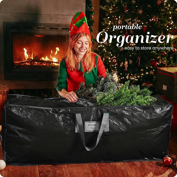Christmas Tree Storage Bag - Stores 7.5 Foot Artificial Xmas Holiday Tree, Durable Waterproof Material, Zippered Bag, Carry Handles - Protects Against Dust, Insects and Moisture (Black)