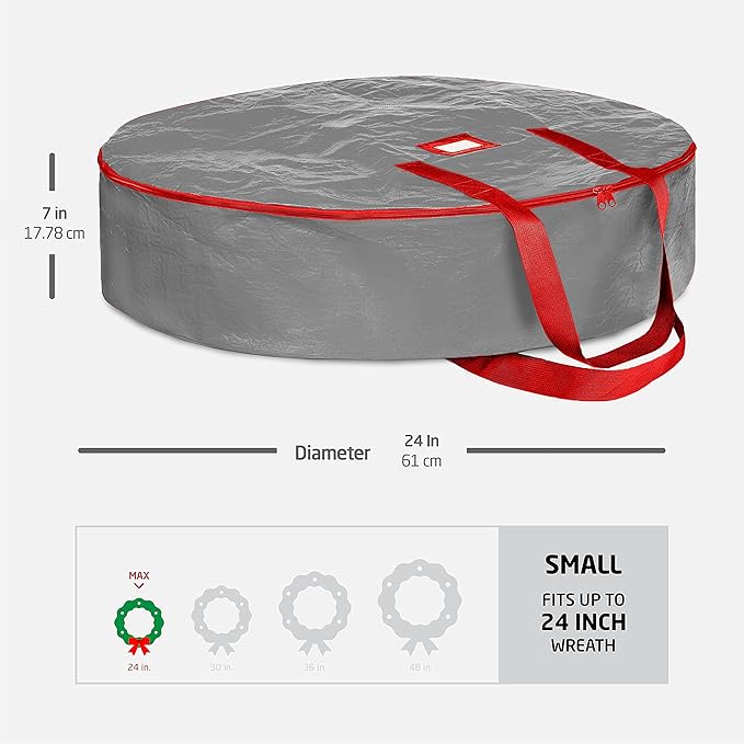 ZOBER Christmas Wreath Storage Container 24 Inch - Wreath Bag for Artificial Wreaths Box - Dual Zippered Wreaths Storage Bag with Strong Durable Handles - Gray