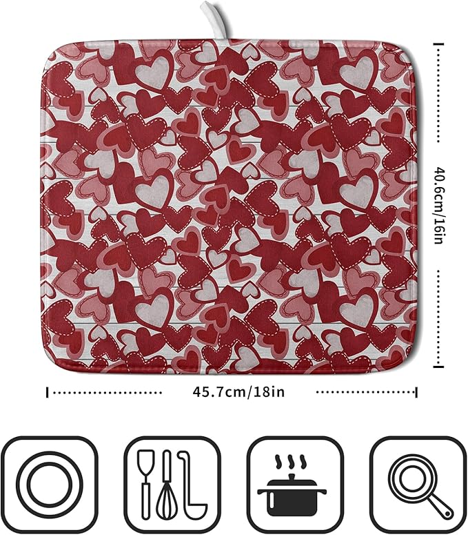 Valentines Day Dish Drying Mat for Kitchen Counter 18x16 Inch Love Drying Mat with Absorbent Reversible Microfiber Red Grey Heart Dish Drainer Mats Rack Pad for Coffee Countertop Protector