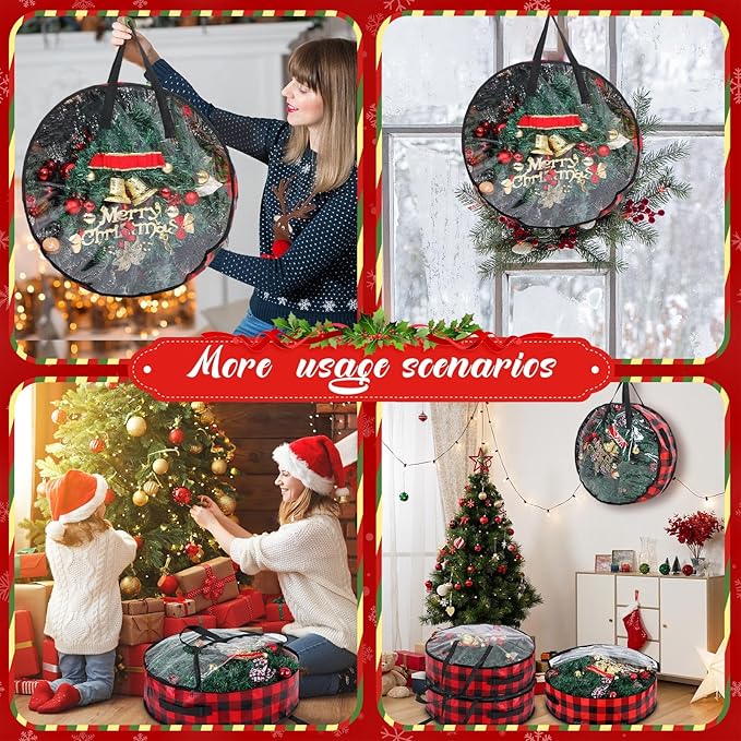 Shappy 4 Pcs Christmas Wreath Storage Bag Wreath Storage Container with Clear Window Plaid Wreath Storage Box with Handles for Storing Garland Holiday Wreath Wrapping(30 Inch,Red Black)