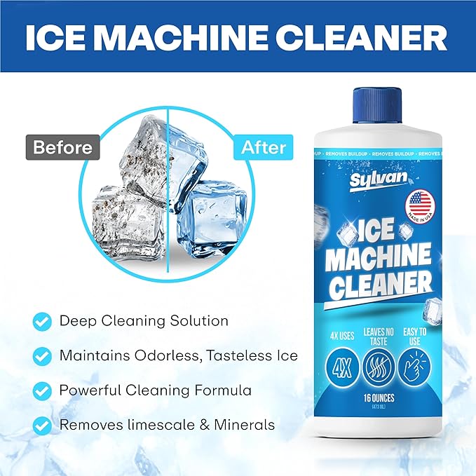 Sylvan Ice Machine Cleaner and Descaler | 16 oz | Free Cloth | Made in USA | Nickel Safe Ice Maker Cleaner and Descaler | Universal Compatibility for Commercial & Residential Ice Makers