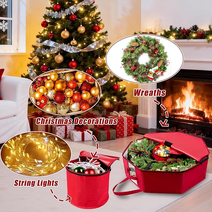 Wreath Storage Christmas Garlands Bag with Interior Pockets Large Xmas Container Box for Holiday Decorations Case with Dual Zipper and Handles Window Labeling Card Slot 24" Red