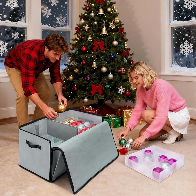 BALEINE Christmas Ornament Storage Box with Dividers, Premium Holiday Ornaments Storage Container Bin for Xmas Decorations (128 Ball, Grey, Soft)