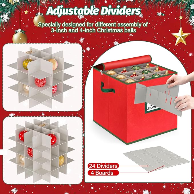 StorageRight Christmas Tree Bag & Ornament Storage Box Set, Water-Resistant 7.5 Ft Tree Storage & 64-Compartment Organizer with Dividers, Tag Pockets & Handles, Heavy-Duty Xmas Decor Containers, Red