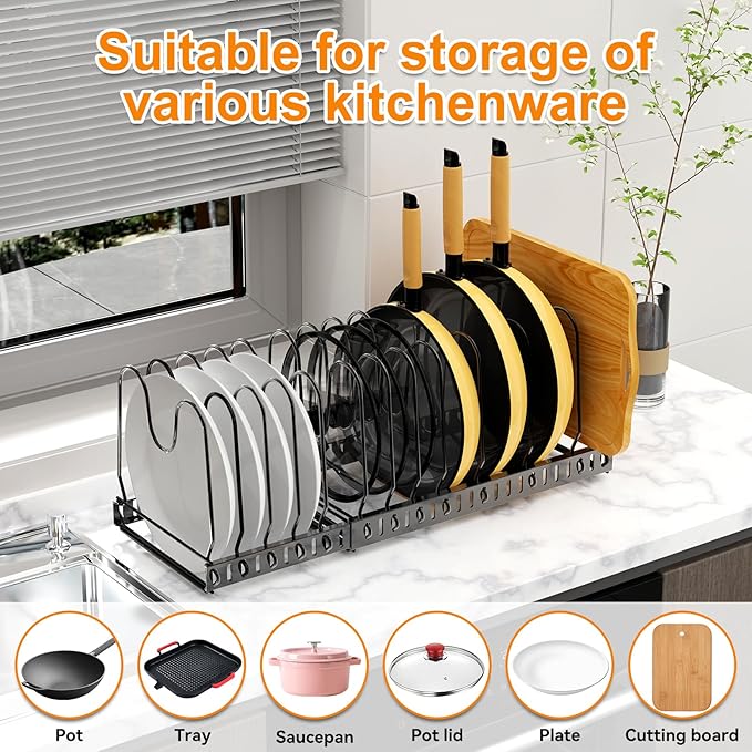 Besda Pot and Pan Organizer Rack for Cabinet, Expandable Pot Lid Organizer Holder with 12 Adjustable Compartment for Kitchen Cutting Board, Pan Lid, Cabinet Cookware Baking