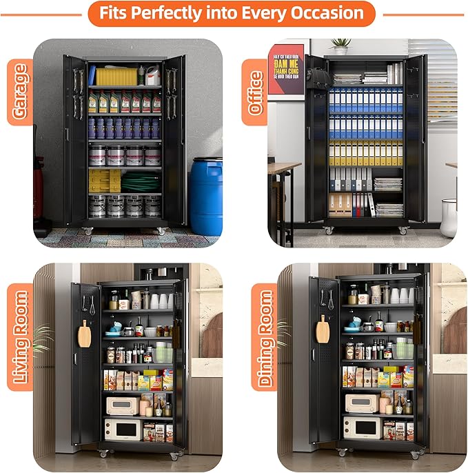 Garage Storage Cabinet with Wheels & Pegboard, Lockable Metal Storage Cabinet with Doors and 5 Adjustable Shelves for Garage, Home, Storage, Assembly Required, Black, 71" H×34" W×18" D