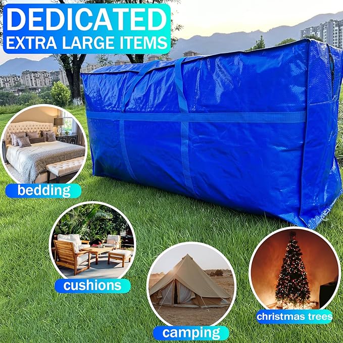 66 Gallon Extra Large Storage Bags, Huge Moving Bags Heavy Duty with Zipper and Stronger Handles, Big Foldable Duffle Bag for Travel, Storage Totes Moving Boxes for College, Christmas Tree,Blue,2 Pack