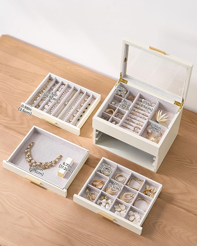 Lolalet Jewelry Box, Clear Window Wood Grain Jewelry Storage for Earrings Bracelets Necklaces Rings, High Capacity Organizer for Women -Beige, 4 Layers