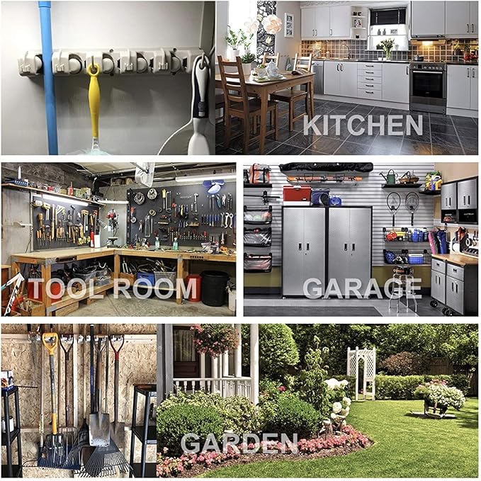 IMILLET Mop and Broom Holder, Wall Mounted Organizer-Mop and broom Storage Tool Rack with 5 Ball Slots and 6 Hooks (Black)