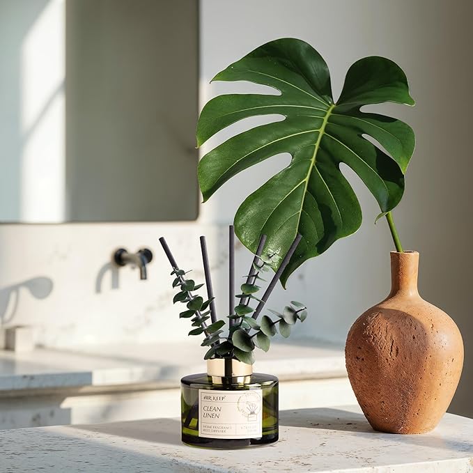 Airkeep Reed Diffuser Set with 6.76 fl oz Clean Linen Scent Essential Oils and 3 Leaves & 8 Diffuser Sticks,Bathroom Shelf Decor & Air Freshener, House Bedroom Office Decor & Gifts