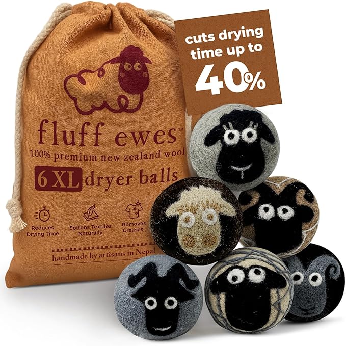 Hustle & Blush Fluff Ewes Wool Dryer Balls 6 Pack - Extra Large Classic Premium Hand Needled New Zealand Laundry Set, Reduces Drying Time, Static Control, Chemical Free Reusable for Essential Oils