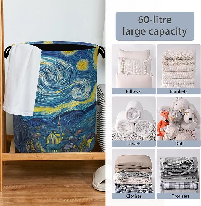Starry Night Moon Laundry Basket,Village Oxford Cloth Laundry Hamper with Handle Foldable Portable Clothes Storage Basket for Bathroom Bedroom Dorm Room 16" x 20.8"