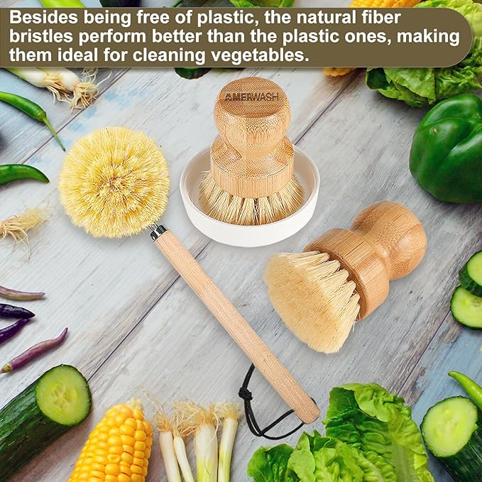 Wooden Dish Brush Set Clean Pots, Pans and Vegetable, Natural Bristles Bamboo Scrub Brushes with Ceramic Dish - 1 Long Handle Dish Brush + 2 Palm Scrubbing Brush