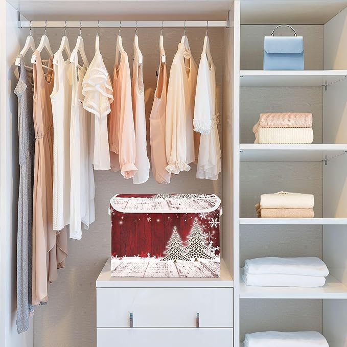 senya Christmas Storage Baskets Collapsible Bins with Lids, Christmas Coffee Tree Red Wooden Storage Boxes Clothes Baskets for Organizing