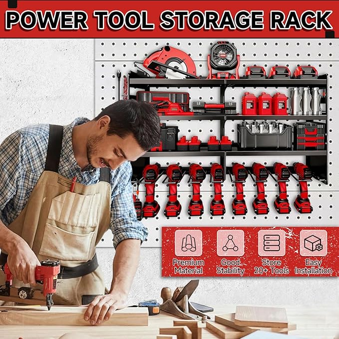 33" W Power Tool Organizer with Charging Station, 4 Layers Heavy Duty Metal Tool Storage Rack Wall Mount 8 Cordless Drill Holder with 4 Power Strip, Battery Organizer for Garage, Workbench,Tool Room