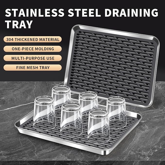 Reginsnow Stainless Steel Drain Tray, Cup & Dish Drying Rack, Drain Board 2 Tier Non Slip Serving Tray with Drainboard Perfect for Sink, Coffee Table, Outdoor (12.5 x 9.8 x 0.98 in)