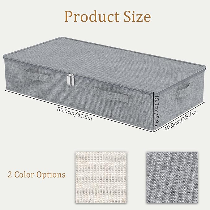 ENUMAIL Underbed Storage Box, Foldable Under Bed Bins Container, Organizer Baskets with Lid for Organizing Clothes, Sheets, Pillows, Comforter, 31.4x15.7x5.9in, Grey, 3 Pack