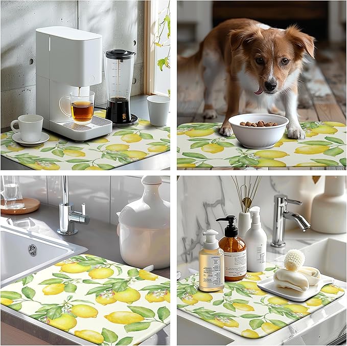 Wnoesat Summer Lemon Drying Mat Watercolor Fruit Yellow Lemon With Green Leaf Floral Dish Drying Mats for Kitchen Counter 18×24 Inch Microfiber Absorbent Dish Pad