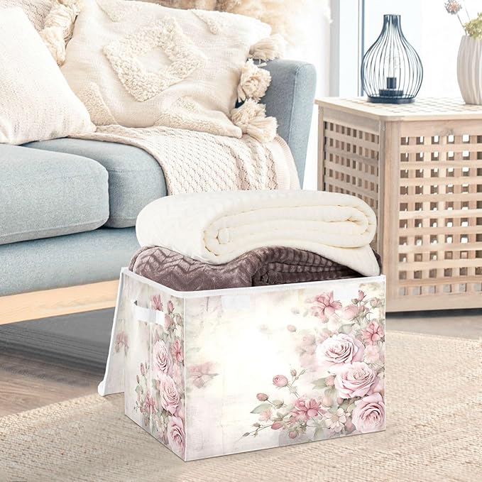 senya Flower Baskets Collapsible Storage Bins with Lids, Vintage Pink Rose Storage Boxes Clothes Baskets for Organizing, B06D22020