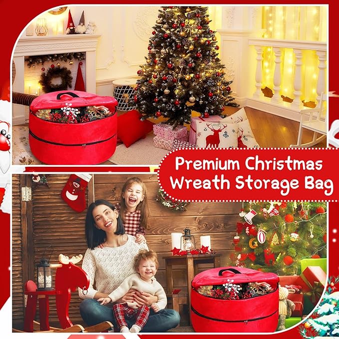 Double Layer Christmas Wreath Storage Container Bags Double Wreath Storage Container Zippered Bag with Handle Festive Storage Box Storage for Xmas Garlands, Red(2 Pcs,24 Inch)