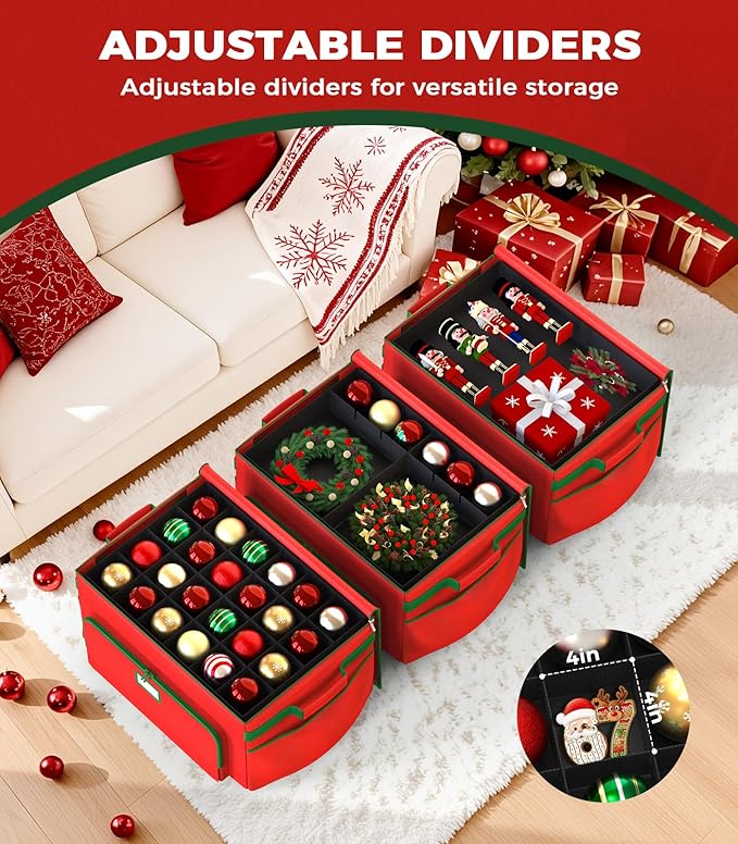 Ornament Storage Box, Large Christmas Ornament Storage Box, Stores 72 4'' Ornaments , Ornaments Storage Containers with 3 Trays, Durable and Portable, 600D Tear-Proof Material, Extra Pockets Red