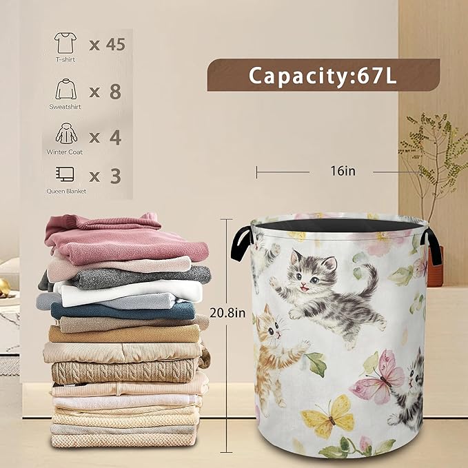 Cute Cats Laundry Hamper,Collapsible Laundry Baskets,Butterfly Floral Dirty Clothes Baskets with Handles,Oxford Cloth Hamper for Bedroom,Bathroom,College Dorms, 16"x20"