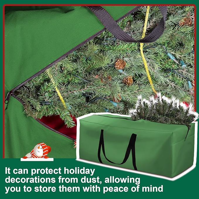 12ft Christmas Tree Storage Bag Extra Large 420D Tree Storage Bag for Disassembled Artificial Trees (Fits 7ft-12ft), Waterproof Double Zippers and Durable Handle, 68"L x 30"W x 20"H, Green,1 Pack