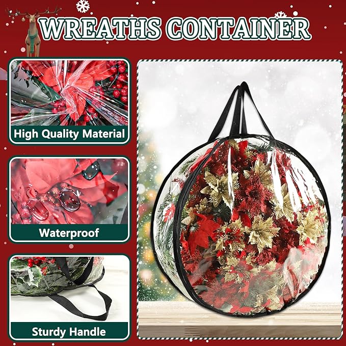 4 Pcs Christmas Wreath Storage Bag, 24 Inch Clear Black Edging Xmas Wreath Storage Container, Garland Holiday Artificial Wreath Storage Holder, Water Proof Transparent PVC with Handles