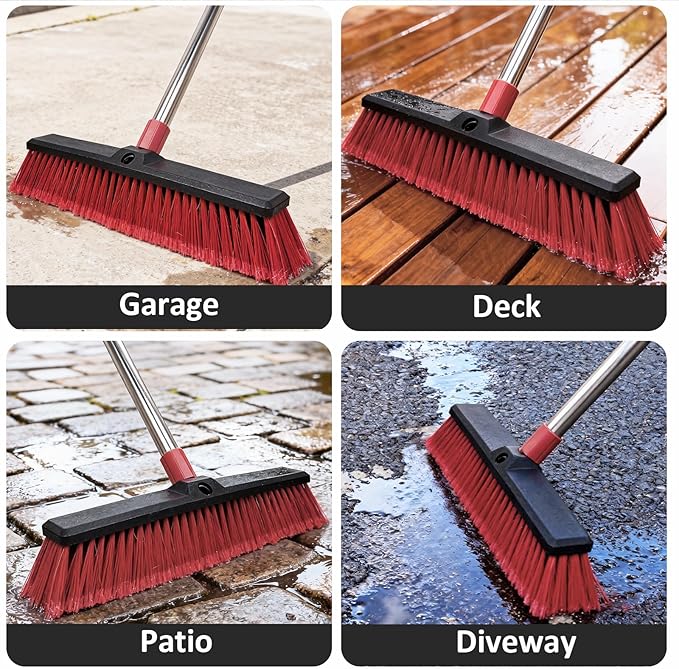14” Push Broom with 70” Adjustable Handle - Heavy Duty Outdoor Broom for Shop, Garage, Patio, Driveway, Yard, Deck Cleaning