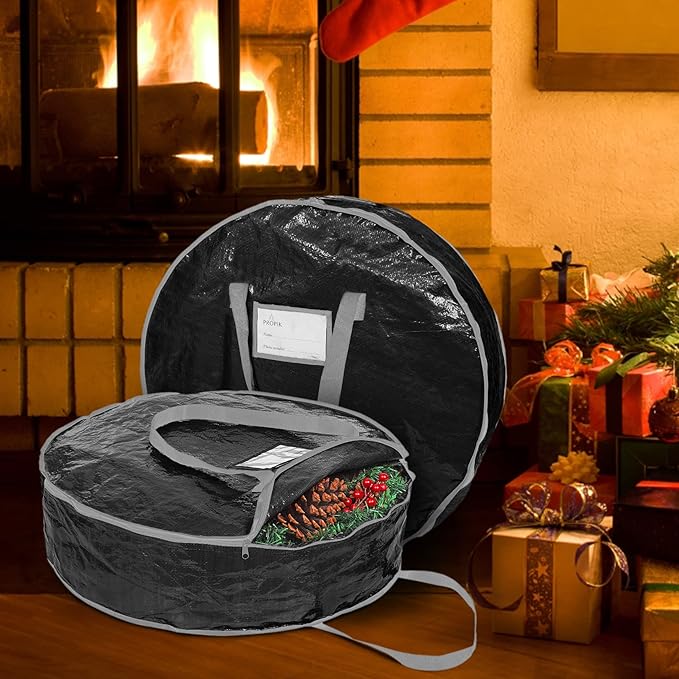 ProPik Christmas Wreath Storage Bag 24" - Garland Holiday Container with Tear Resistant Material - Featuring Heavy Duty Handles and Transparent Card Slot - 2 Pack (24 Inch, Black)
