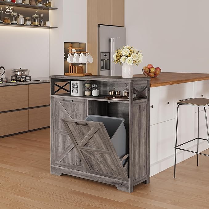Double Tilt Out Trash Can Cabinet for 13 * 2 Gallon Garbage Can, Farmhouse Kitchen Garbage Trash Bin for Hidden Laundry Basket, Dual Dog Proof Recycling Cabinet for Dining Living Room, Grey