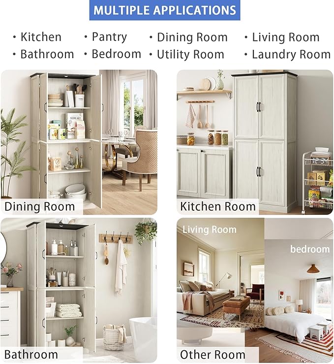 71'' Tall Pantry Cabinet Set of 2, Farmhouse Kitchen Pantry Storage Cabinet with Barn Door and Adjustable Shelves, Rustic White Wood Freestanding Cupboard for Kitchen, Dining Room