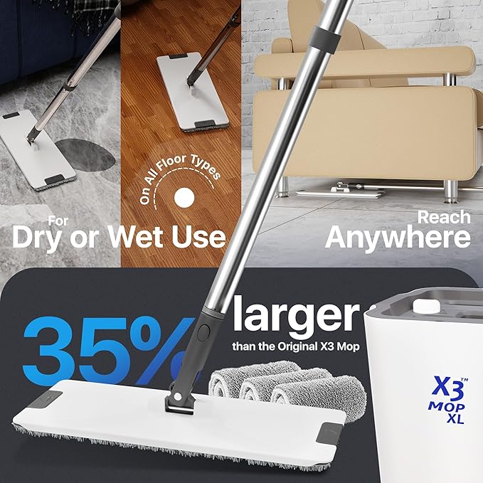 X3 Mop XL, Separates Dirty and Clean Water, 3-Chamber Design, Flat Mop and Bucket Set, Hands Free Home Floor Cleaning, 3 Reusable Microfiber Mop Pads Included (XL X3 Mop)