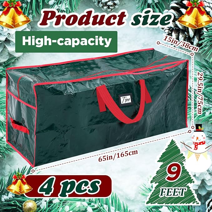 Amylove 4 Pcs Large Christmas Tree Storage Bags Heavy Duty Xmas Zippered Bags Bulk Waterproof Plastic Christmas Tree Container with Carry Handles(9 ft,Green)