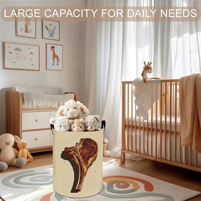 Steak Laundry Basket Hamper 19.7"x15.8", Funny Meat Foldable Waterproof Oxford Clothes Storage Bucket for Room Bathroom Bedroom Nursery Decor, Toy Organizer Bins Gifts for Kids Boys Girls