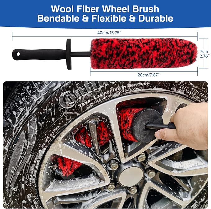 KLeXiC 5 Pack Car Wheel and Tire Cleaner Brushes Kit Auto Motorcycle Rim Ultra Soft Microfiber No Spatter Bendable Woolies Bristle Cleaning Set (Red & Black)