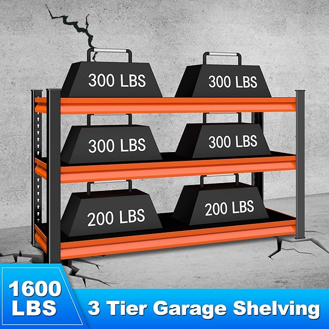 Rufokisa 3-Tier Garage Shelving Heavy Duty,48" W Metal Shelving Unit for Garage,1600lbs Load Capacity Utility Rack Shelves & Shelves,48" W x 18" D x 39" H(Red)
